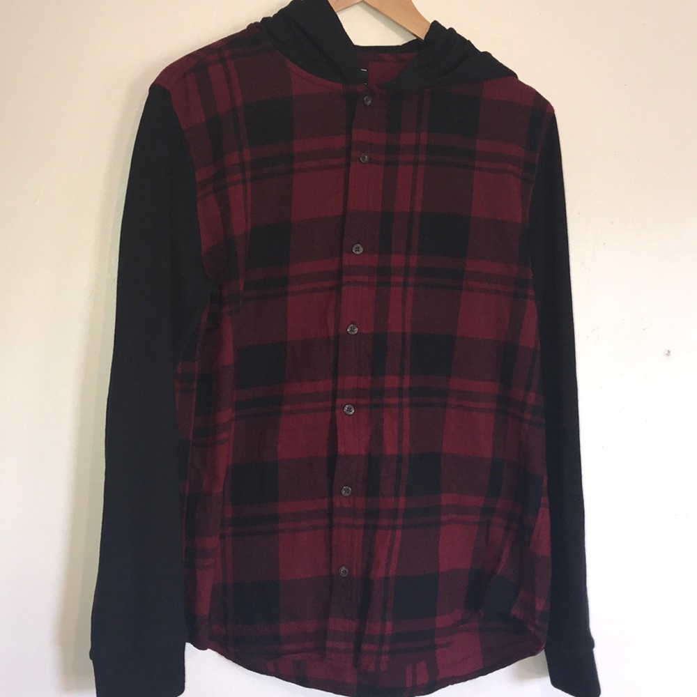 Red & black plaid long sleeve with hoodie